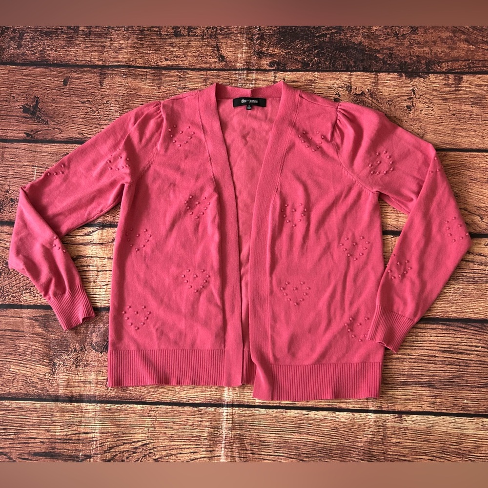 Chloe & Jasmine open-front cardigan sweater pink with pointelle detailing